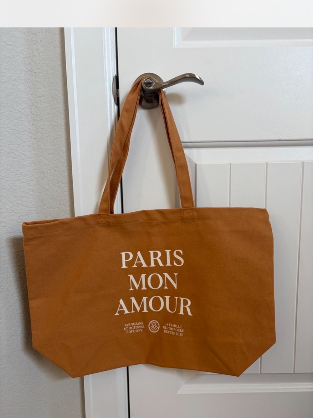 Sezane Rust-Toned Canvas Tote with Paris Mon Amour Print